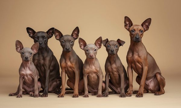 Group of xoloitzcuintli puppies showing two varieties (hairless variety + coated) and three sizes (toy, miniature, standard), seated on seamless beige paper, even softbox lighting, 35mm, f_5.6 for depth, consist (3)